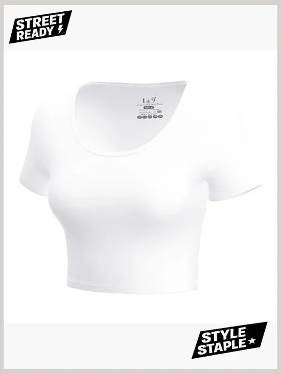 Slim Fit Scoop Neck Crop Top, Soft Cotton Blend, Casual Summer Tee - Picture 4 of 7
